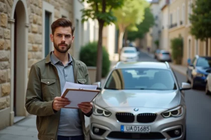 Homme vérifiant l'immatriculation d'une voiture en rue française