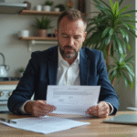 Homme d'âge moyen vérifiant documents de voiture dans une cuisine lumineuse