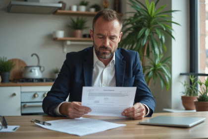 Homme d'âge moyen vérifiant documents de voiture dans une cuisine lumineuse