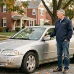 Homme d'âge mûr inspectant une vieille voiture de plus de dix ans garée dans une rue résidentielle en automne