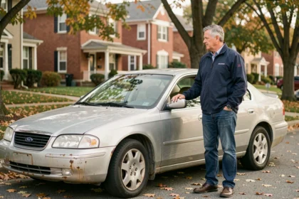 Homme d'âge mûr inspectant une vieille voiture de plus de dix ans garée dans une rue résidentielle en automne