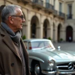 Homme élégant regardant une Mercedes 300 SL vintage