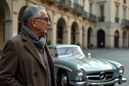 Homme élégant regardant une Mercedes 300 SL vintage