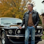 Homme d'âge moyen près d'une voiture muscle vintage