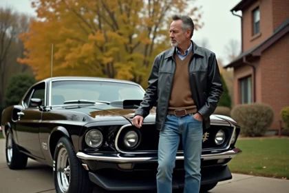 Homme d'âge moyen près d'une voiture muscle vintage