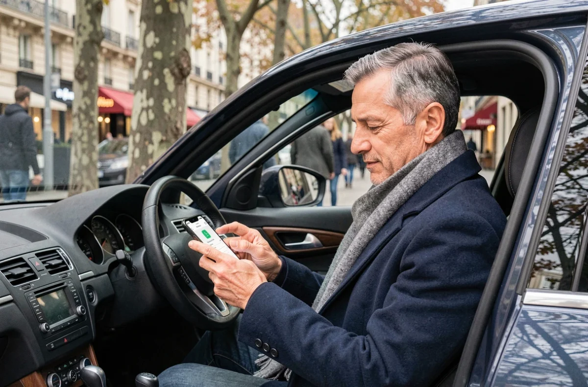 Homme assis dans sa voiture garée sur un boulevard parisien en train d'utiliser une application mobile de paiement de stationnement