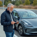 Homme regardant une tablette près d'une voiture électrique moderne