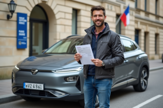 Homme souriant avec voiture hybride devant mairie française