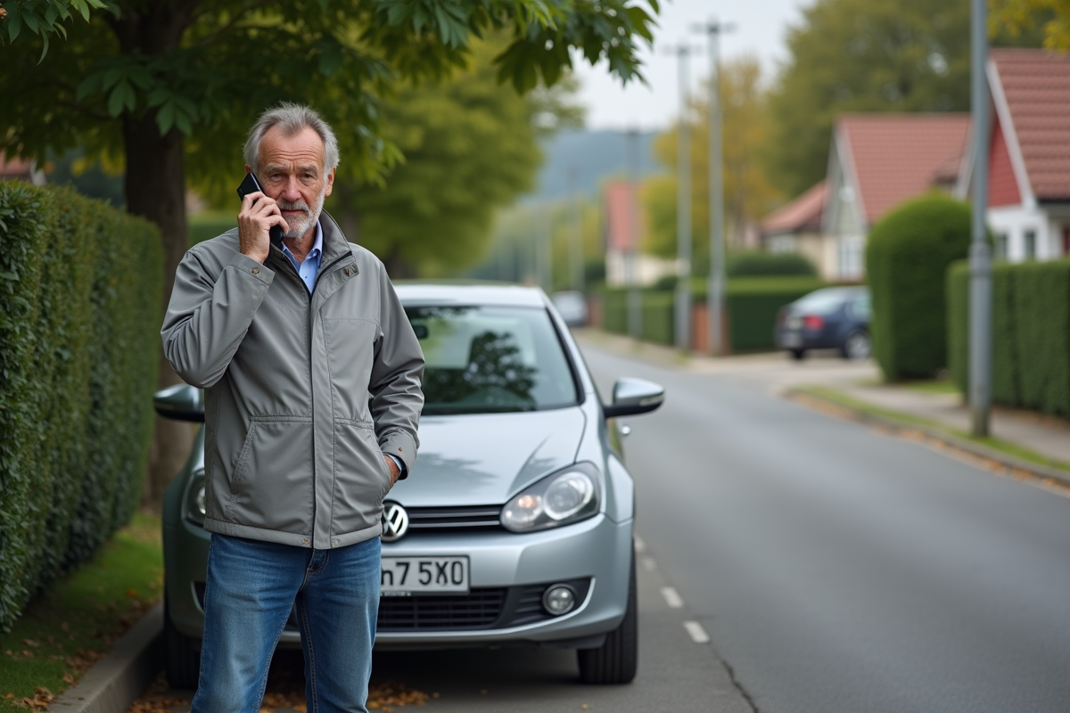 Homme parlant au téléphone près de sa voiture dans la rue