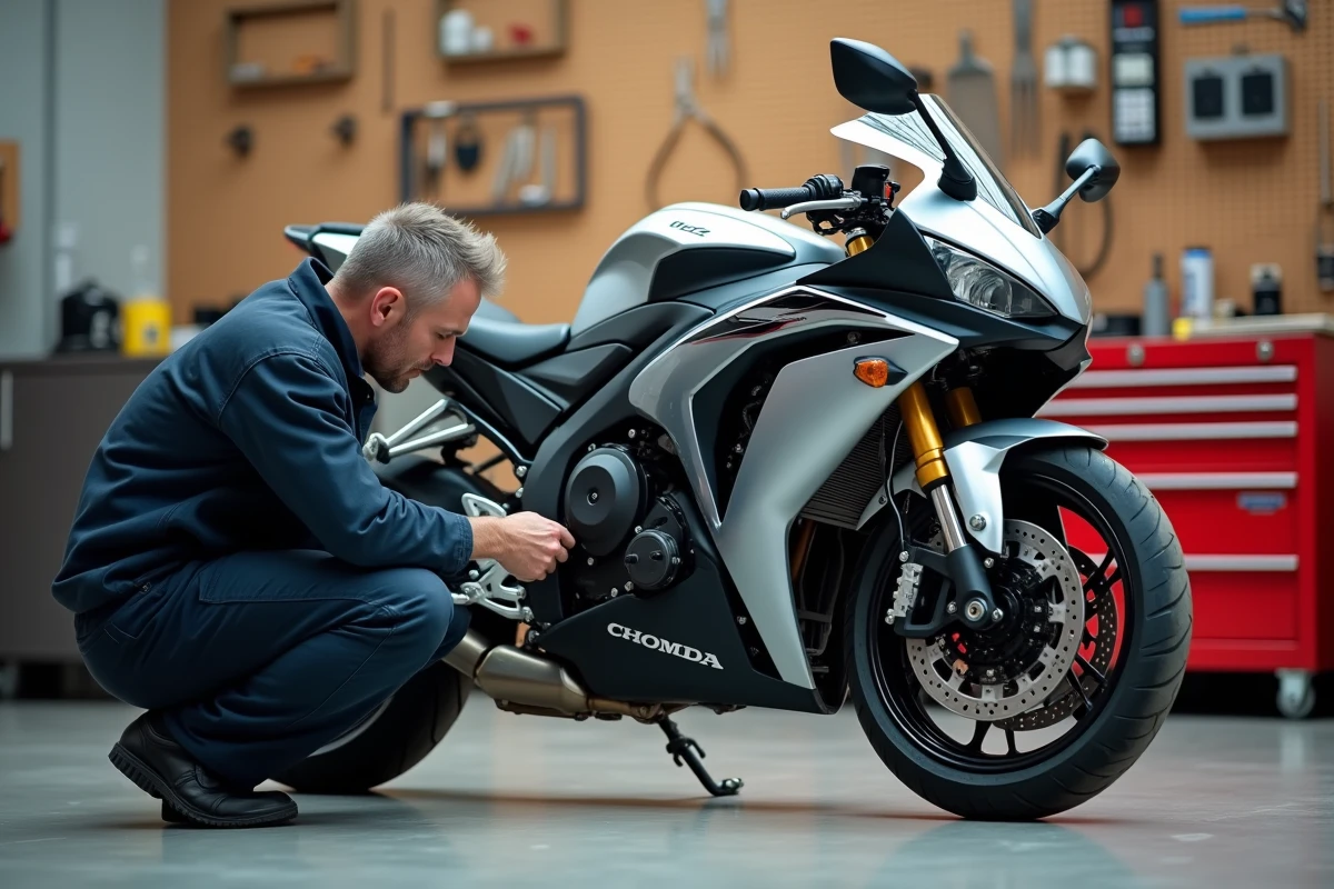 Mécanicien inspectant le frein arrière d'une Honda CBR 1000 F dans un atelier urbain, vue rapprochée en intérieur sur béton poli