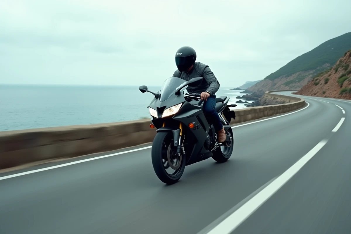 Honda CBR 1000 F en mouvement sur une route côtière avec effet de filé panoramique, pilote en veste textile grise et casque intégral noir