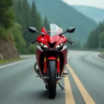 Honda CBR 1000 F en rouge et blanc garée sur une route de montagne sinueuse, vue 3/4 avant révélant le carénage aérodynamique complet