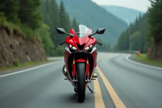 Honda CBR 1000 F en rouge et blanc garée sur une route de montagne sinueuse, vue 3/4 avant révélant le carénage aérodynamique complet