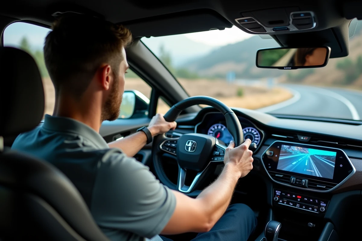 Intérieur du Hybrid 136 e-DCS6, conducteur au volant avec affichage flux d'énergie hybride