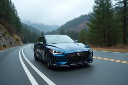 Hybrid 136 e-DCS6 en virage sur route de montagne, vue trois quarts avant dynamique