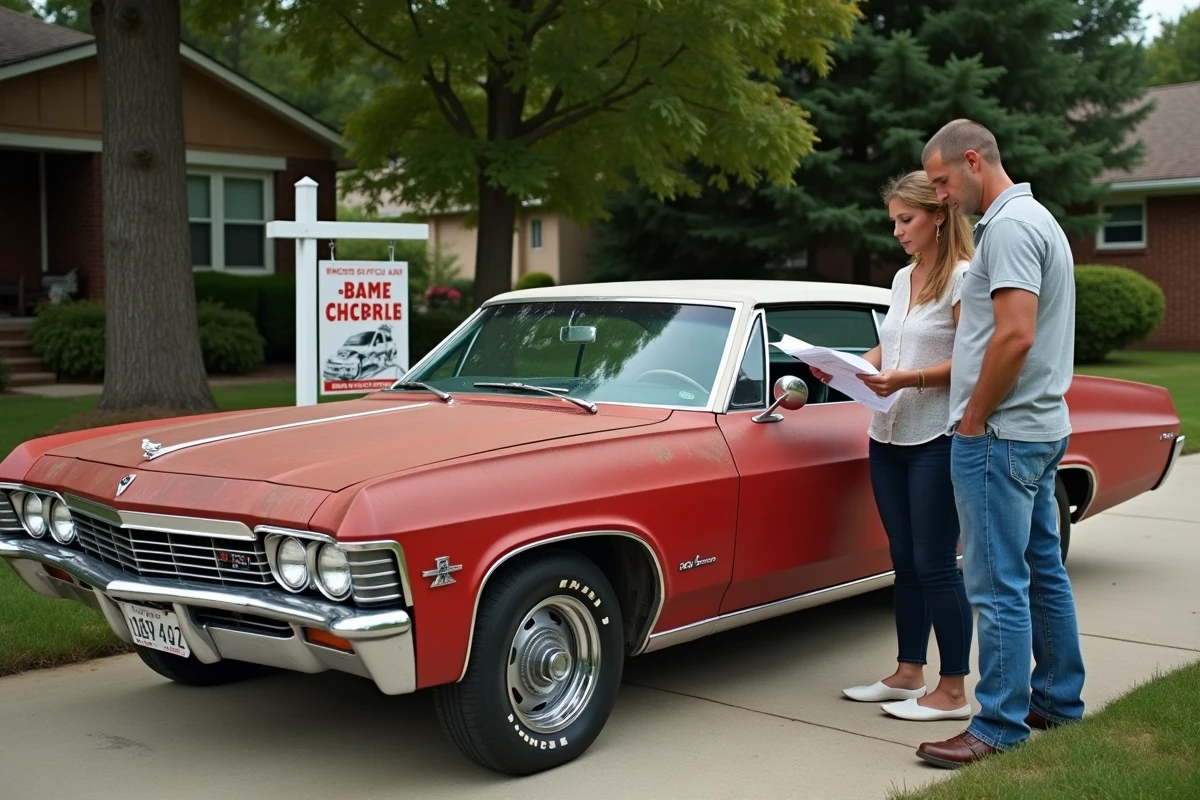 Couple examinant les documents d'une Impala 1967 rouge en vente particulière dans une allée résidentielle