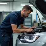 Ingénieur automobile inspectant le moteur d'une berline pour évaluer la puissance en kilowatts et chevaux