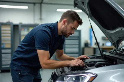 Ingénieur automobile inspectant le moteur d'une berline pour évaluer la puissance en kilowatts et chevaux