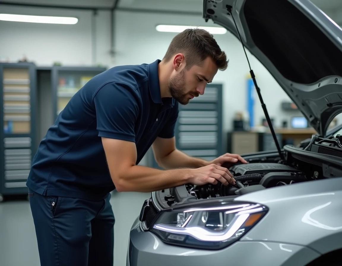 Ingénieur automobile inspectant le moteur d'une berline pour évaluer la puissance en kilowatts et chevaux