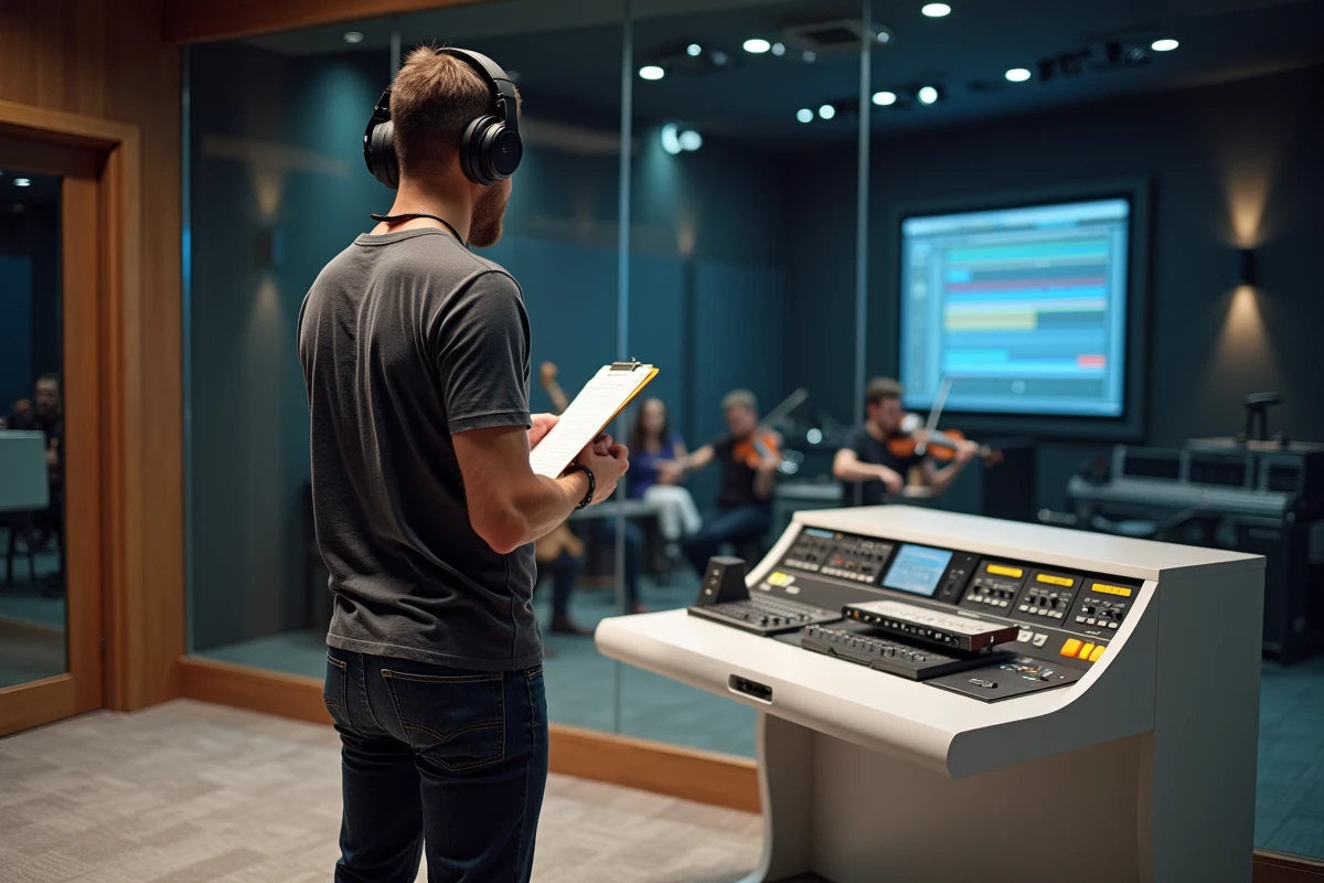 Ingénieur du son supervisant l'enregistrement orchestral d'une musique de publicité pour la Peugeot 5008 en studio professionnel
