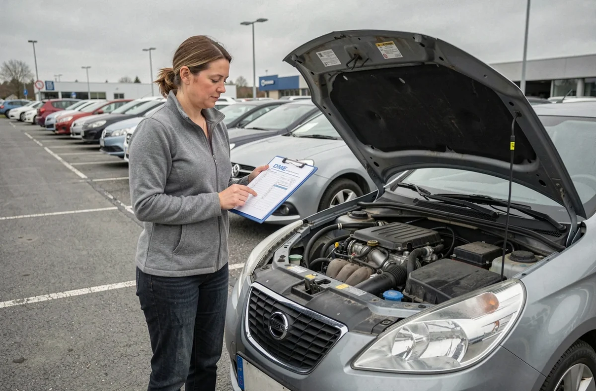 Femme inspectant le compartiment moteur d'un véhicule d'occasion avec une check-list DME dans un parc automobile