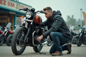 Homme inspectant attentivement une moto d'occasion sur un parking de concessionnaire pour détecter d'éventuelles arnaques