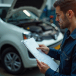 Mecanicien avec checklist inspection voiture dans un garage lumineux