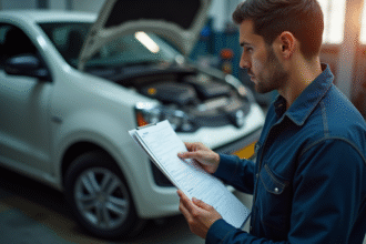 Mecanicien avec checklist inspection voiture dans un garage lumineux