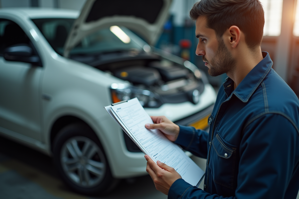 Mecanicien avec checklist inspection voiture dans un garage lumineux