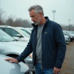 Homme inspectant une voiture d'occasion dans un parc automobile, symbolisant la vigilance lors d'un achat sur Autofantom.fr