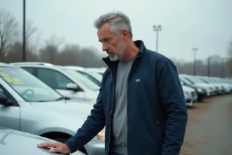 Homme inspectant une voiture d'occasion dans un parc automobile, symbolisant la vigilance lors d'un achat sur Autofantom.fr