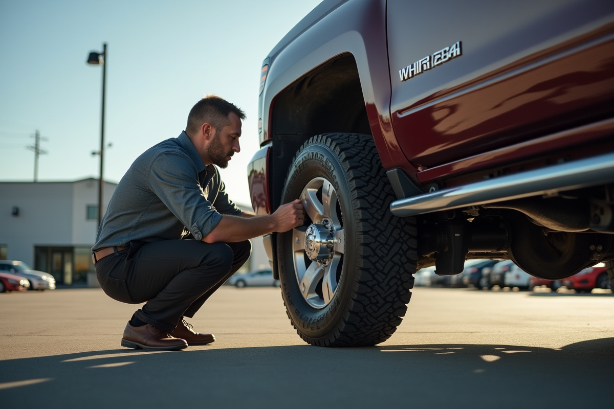 Personne inspectant le dessous d'un pickup d'occasion en extérieur