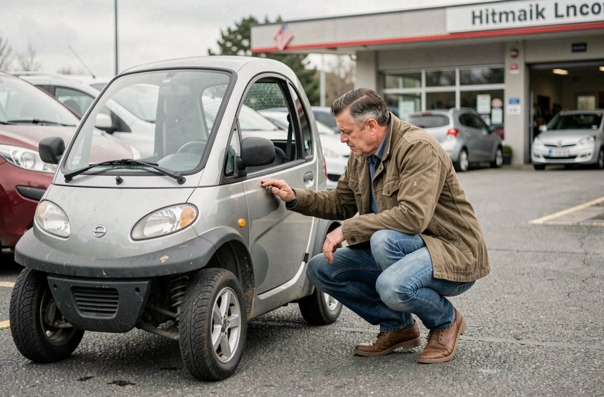 Homme inspectant une voiture sans permis d'occasion dans un garage de Challans