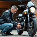 Homme installant un traceur GPS sous la selle d'une moto