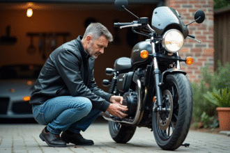 Homme installant un traceur GPS sous la selle d'une moto