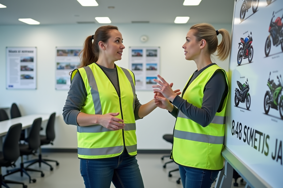 Instructrice expérimentée expliquant règles moto en classe