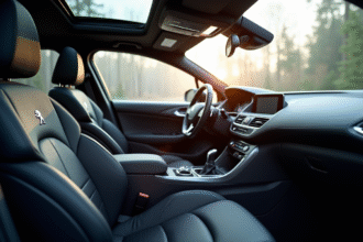 Intérieur moderne d'une Peugeot 408 vue de face avec sièges et tableau de bord
