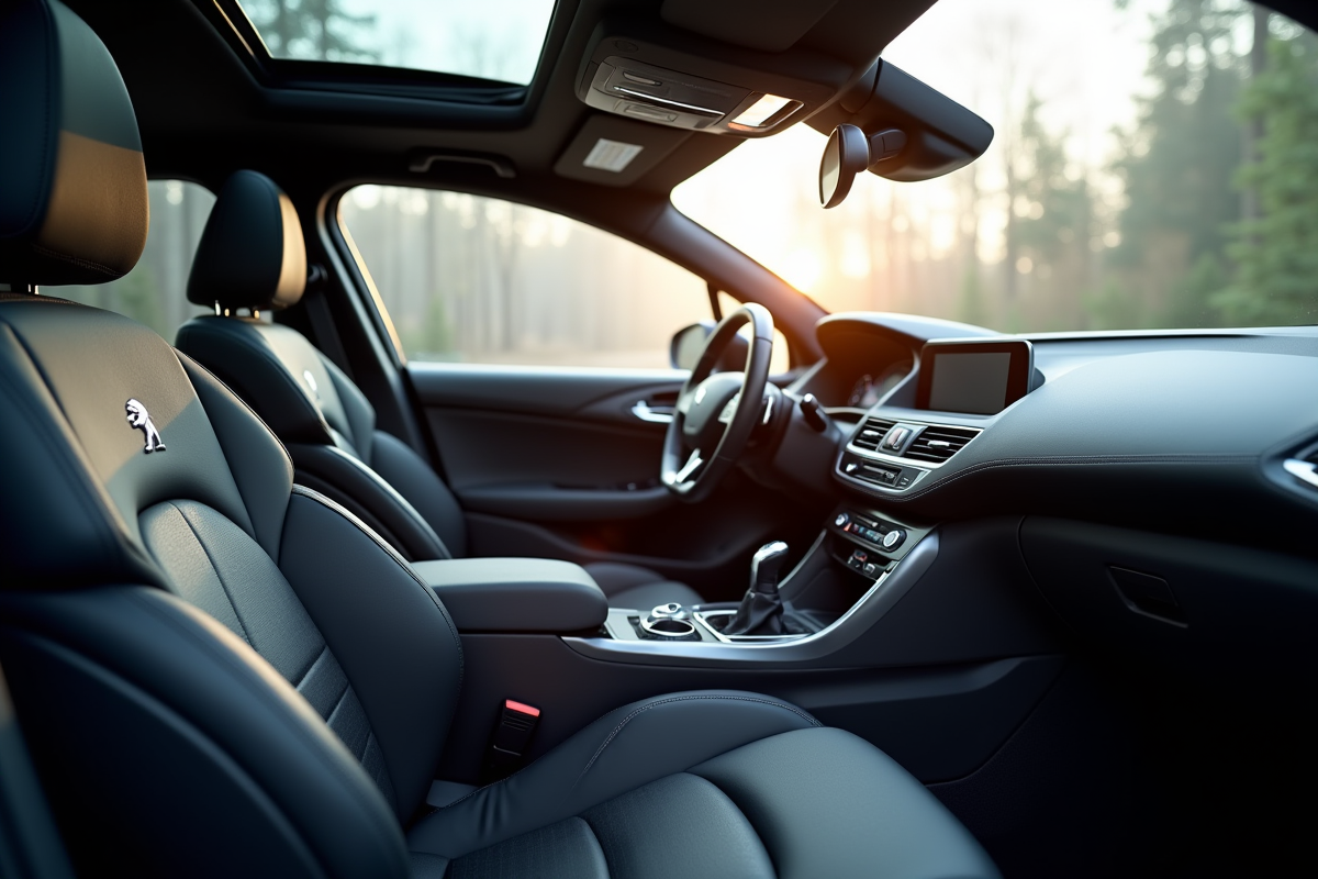 Intérieur moderne d'une Peugeot 408 vue de face avec sièges et tableau de bord