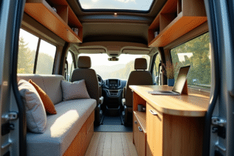 Intérieur d'un Peugeot Expert aménagé en espace de travail moderne