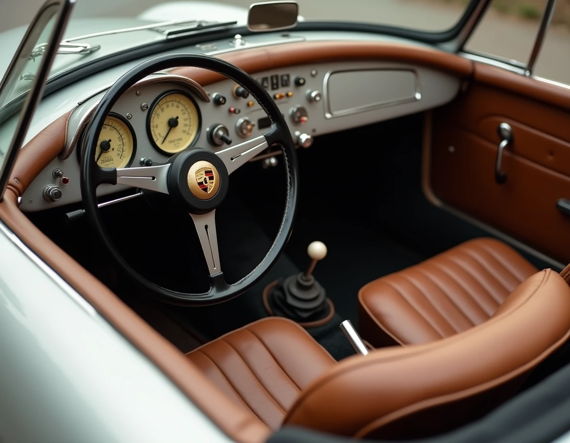 Intérieur authentique d'une Porsche 550 Spyder 1955, tableau de bord en aluminium et volant Bakelite noir