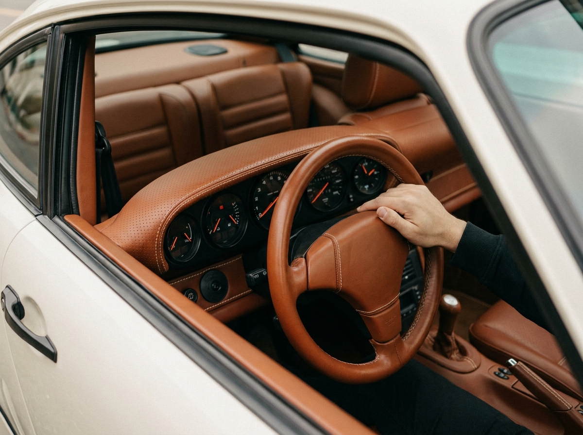 Intérieur luxueux d'une Porsche 911 avec volant en cuir et tableau de bord, symbolisant la valeur assurée du véhicule