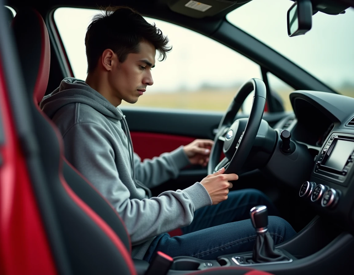 Jeune homme découvrant l'intérieur d'une Subaru Impreza STI, assis au volant avec le tableau de bord et le volant STI en détail