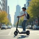 Jeune adulte roulant en scooter électrique en ville ensoleillée