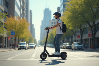 Jeune adulte roulant en scooter électrique en ville ensoleillée