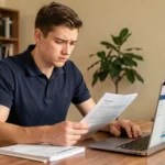 Jeune conducteur en polo bleu marine consultant des documents d'assurance auto à son bureau