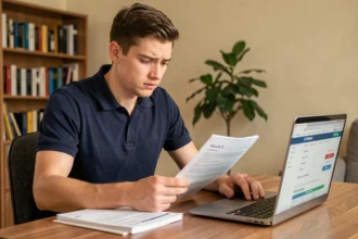 Jeune conducteur en polo bleu marine consultant des documents d'assurance auto à son bureau