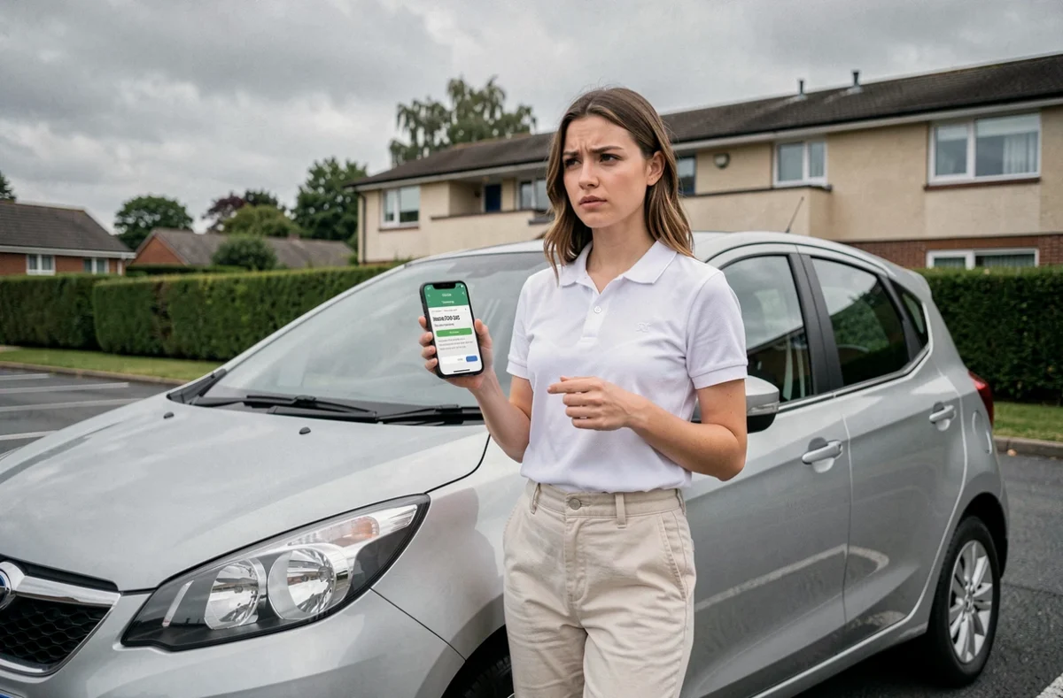 Jeune femme en polo blanc comparant des offres d'assurance auto sur son téléphone à côté de sa voiture