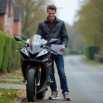 Jeune homme souriant près de sa moto Suzuki GSX 600 R