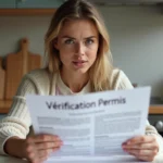 Jeune femme anxieuse vérifiant un permis dans la cuisine