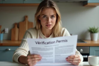 Jeune femme anxieuse vérifiant un permis dans la cuisine